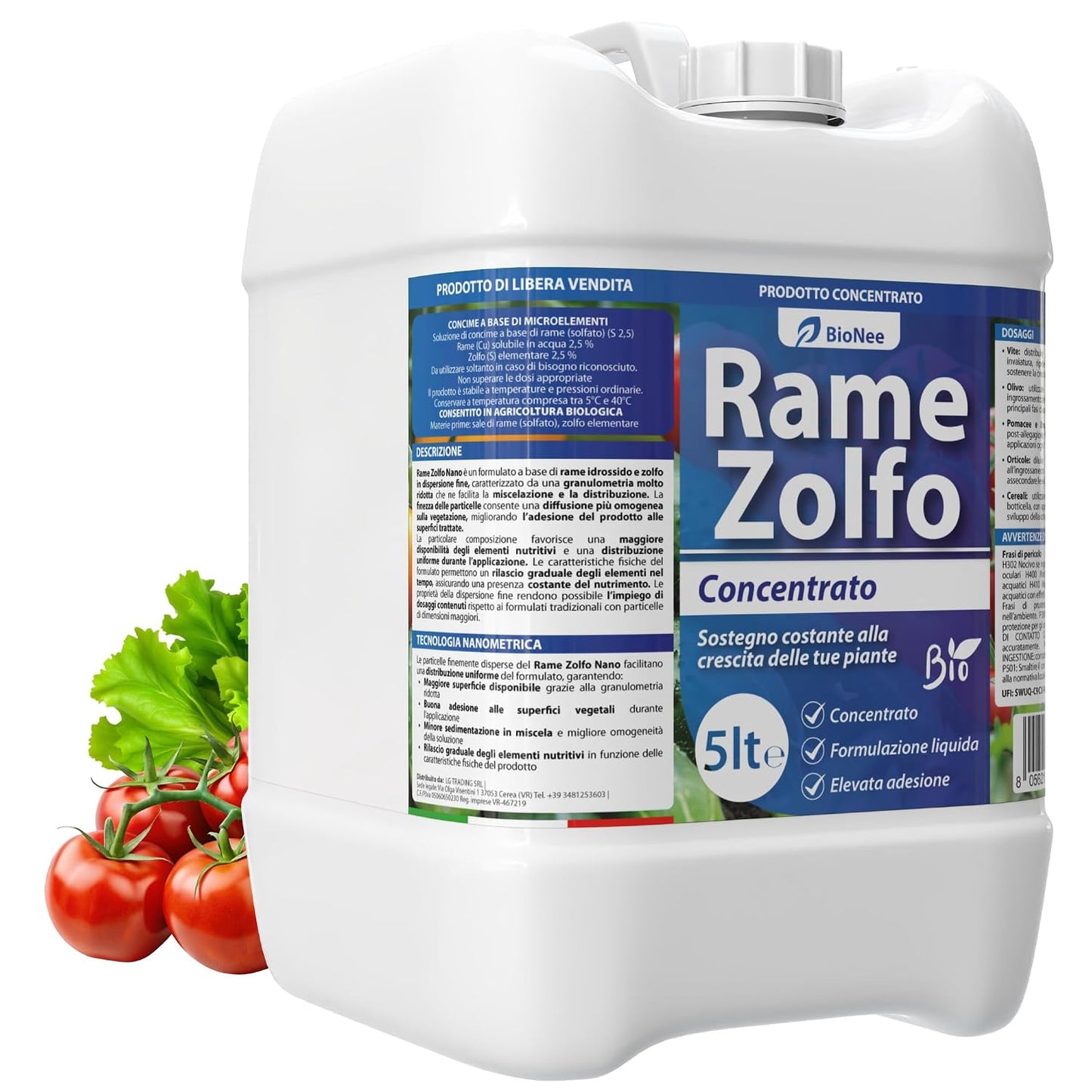 Rame Zolfo Nano Concentrato – Concime Inorganico Liquido-Gel a Base di Rame e Zolfo per Orto e Giardino (5 litri)