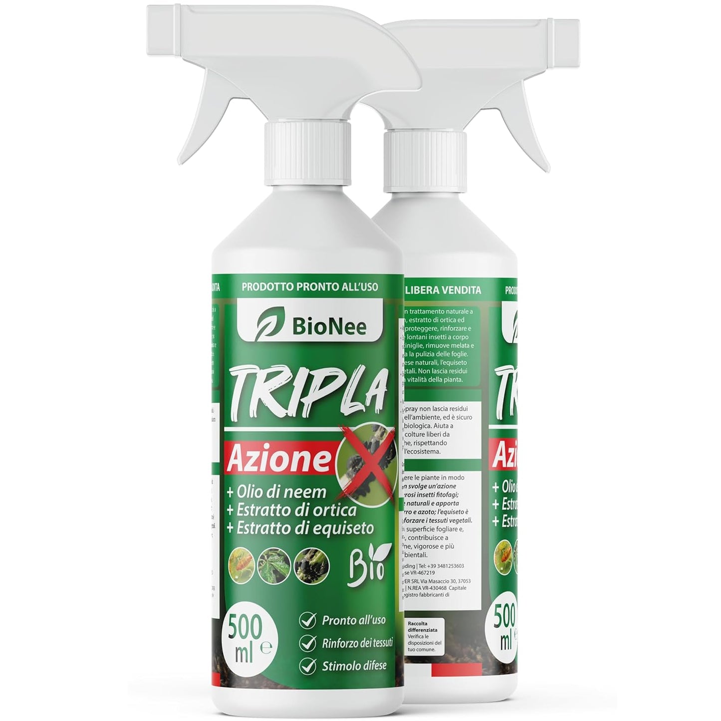 Tripla Azione Spray 500 ml | Con Olio di Neem, Estratto di Ortica ed Equiseto | Naturale, Pronto all’Uso, Zero Residui | Protezione e Rinforzo per Piante e Orto