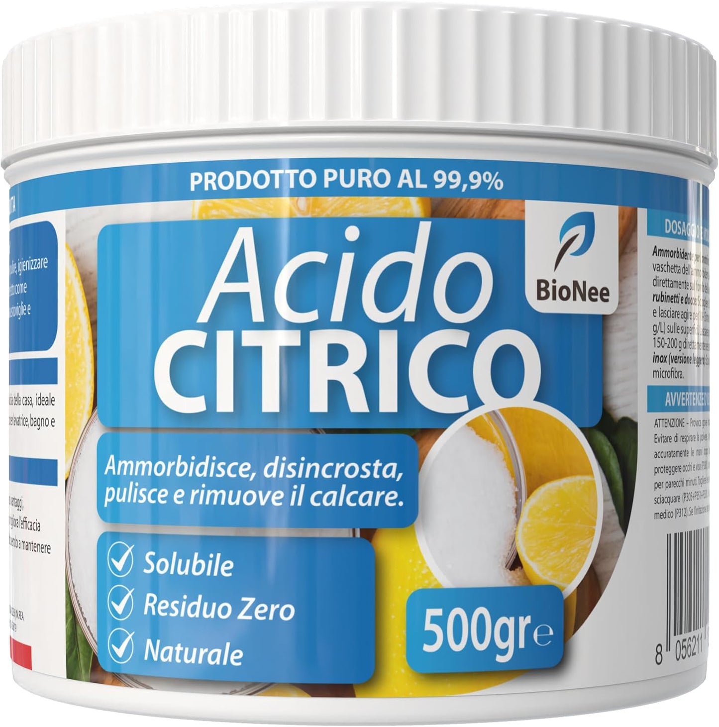 Acido Citrico Monoidrato Puro 99,9% – 500 gr | Naturale, Solubile, Residuo Zero | Ammorbidente Lavatrice, Anticalcare Lavastoviglie, Disincrostante Ecologico