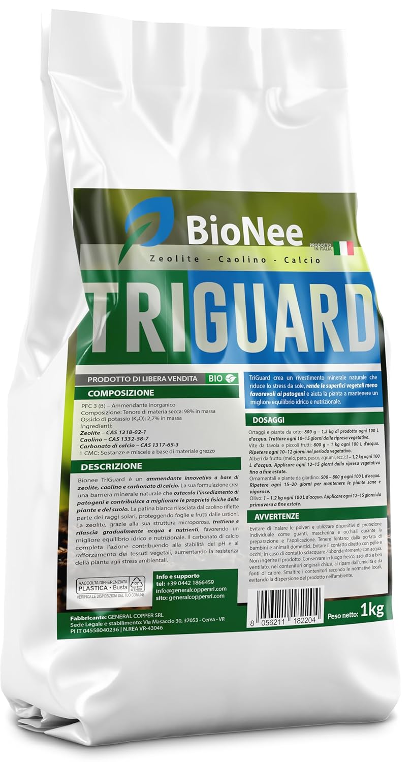 Bionee TriGuard – Corroborante a Base di Zeolite, Caolino e Carbonato di Calcio | Barriera Minerale Naturale contro Stress Solari e Patogeni | Per Orto, Frutteto, Vite e Giardino – 1 Kg