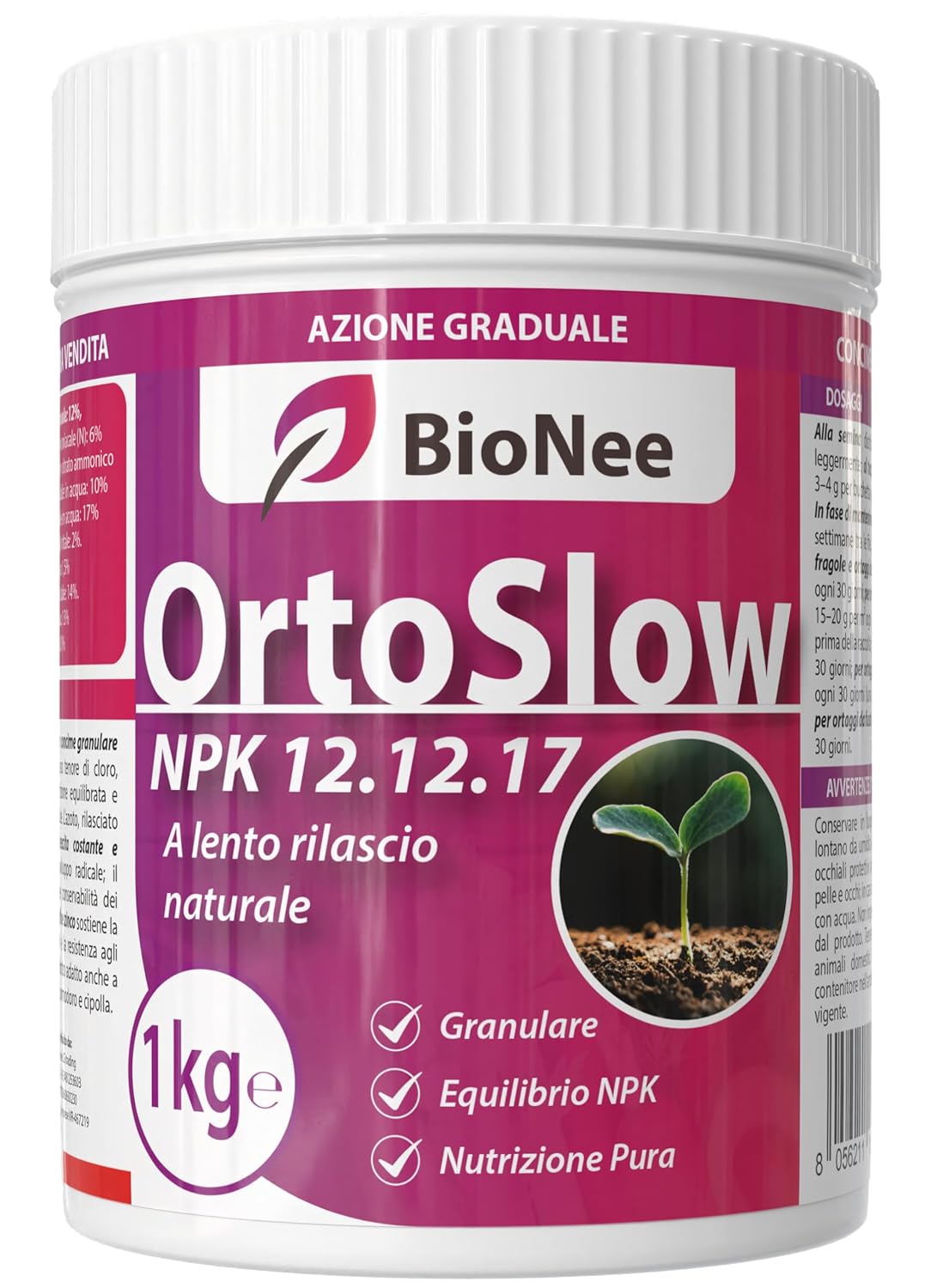 Bionee OrtoSlow 1 Kg – Concime Granulare NPK 12.12.17 a Lento Rilascio | Nutrizione Completa ed Equilibrata per Ortaggi, Frutteto e Giardino | Con Magnesio, Zolfo e Zinco