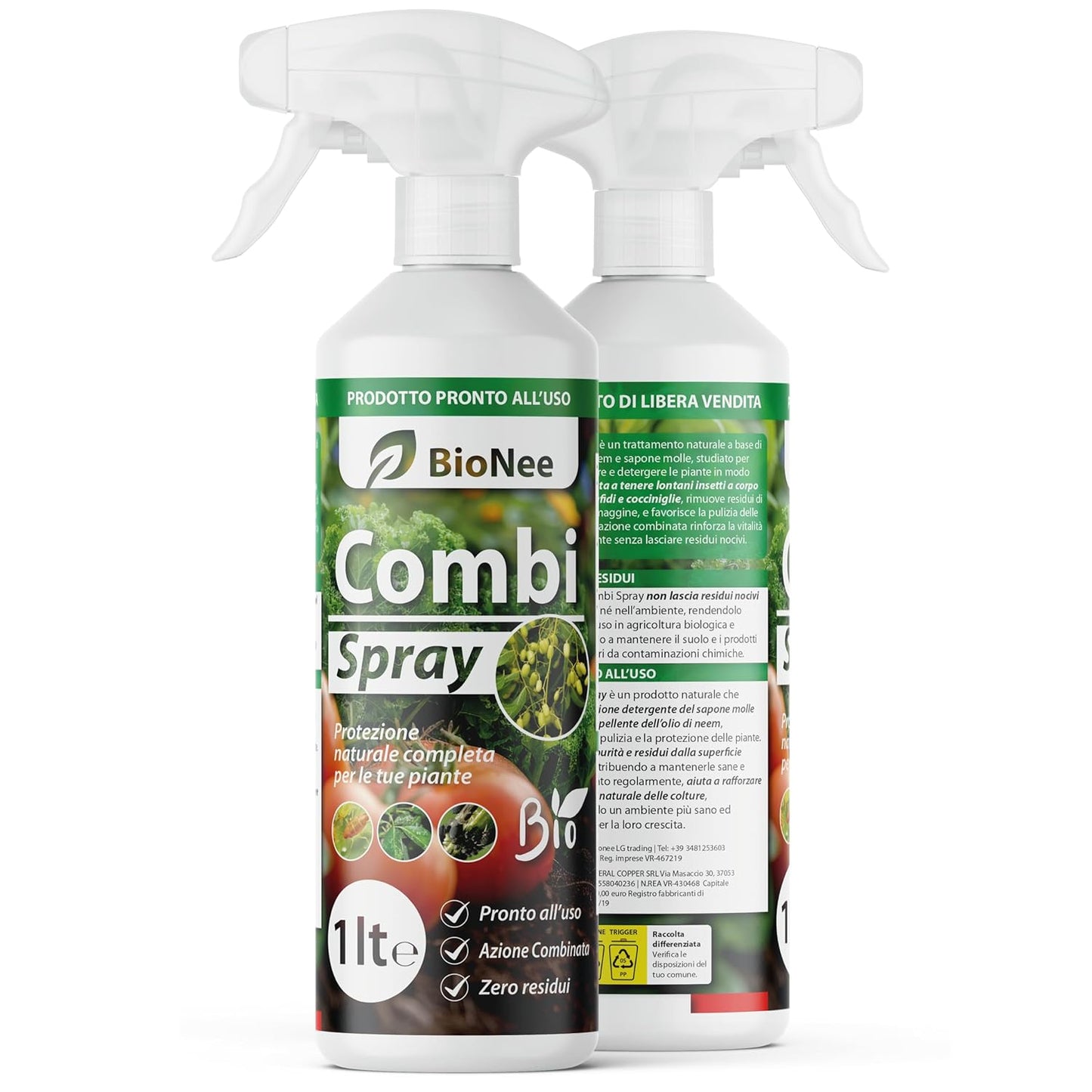 Spray combinato 1 lt | Con Olio Di Neem E Sapone Molle | Naturale e Pronto all'Uso | Anti-Afidi, Cocciniglie e Fumaggine | Protegge e pulisce le piante