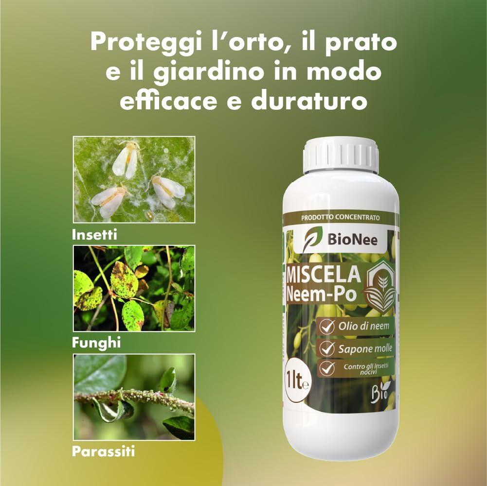 Miscela Neem-Po per Piante Biologico | Olio Di Neem + Sapone Molle Di Potassio Solubile Ottimo Contro Le Avversità Esterne Di Orto, Prato E Giardino 1 Lt