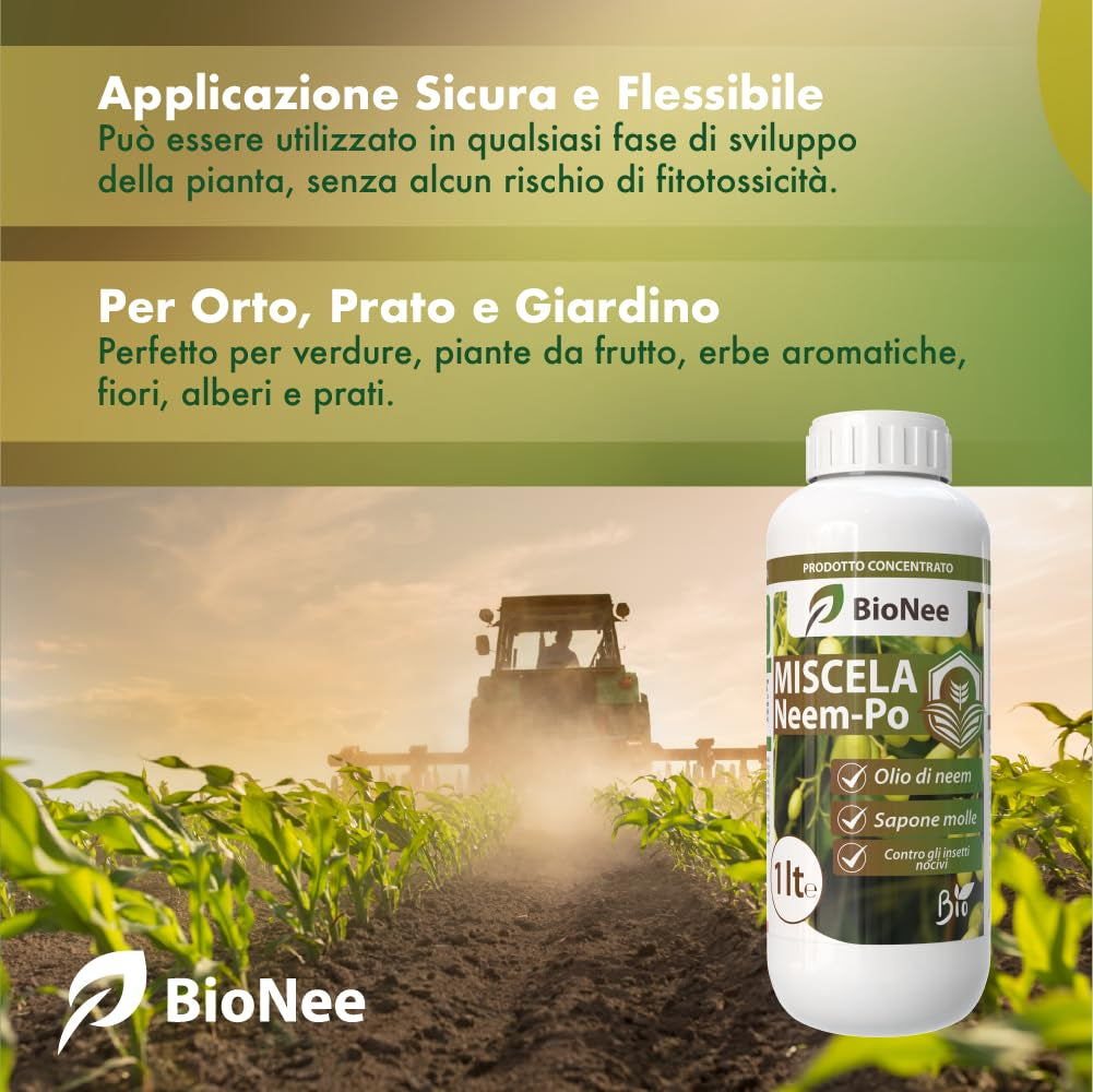 Miscela Neem-Po per Piante Biologico | Olio Di Neem + Sapone Molle Di Potassio Solubile Ottimo Contro Le Avversità Esterne Di Orto, Prato E Giardino 1 Lt