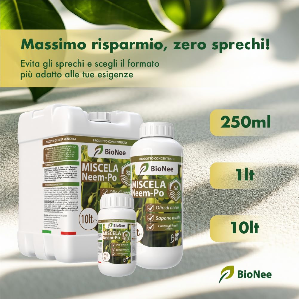 Miscela Neem-Po per Piante Biologico | Olio Di Neem + Sapone Molle Di Potassio Solubile Ottimo Contro Le Avversità Esterne Di Orto, Prato E Giardino 1 Lt