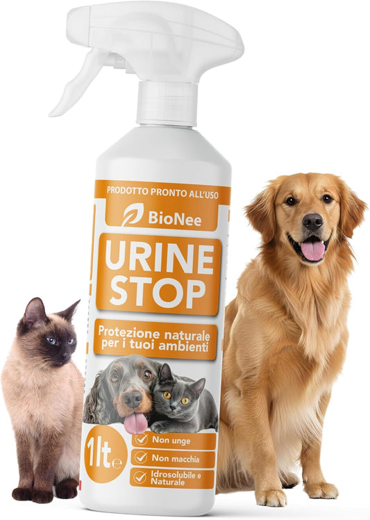Bionee Urine Stop Spray Naturale per Cani e Gatti – Doppia Azione: Disabituante agli Agrumi + Elimina Odori – Pronto all’Uso, Non Macchia, Sicuro per Ambienti Interni ed Esterni (1 litro)