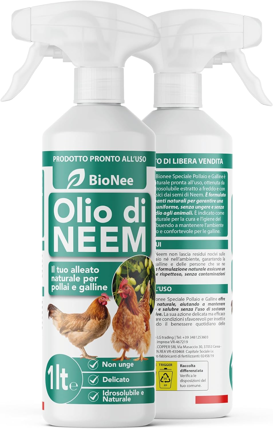 Bionee Olio di Neem Spray Pollaio e Galline 1L – Lozione Naturale Pronta all’Uso, Protezione Contro Insetti e Parassiti, Sicuro e Delicato, Idrosolubile, Zero Residui