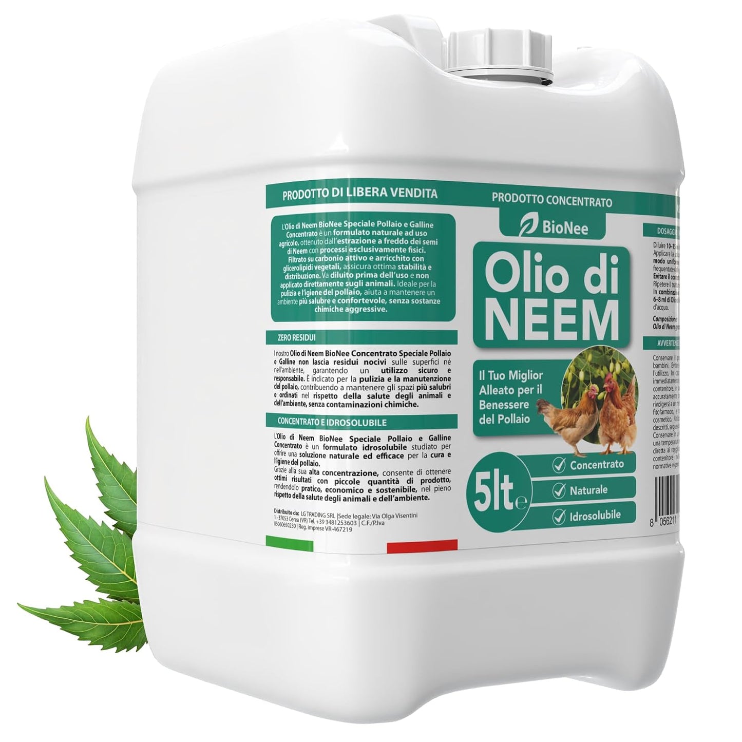 BioNee Olio di Neem Concentrato per Pollaio e Galline - Formulato Naturale Idrosolubile | Pulizia, Igiene e Benessere del Pollaio | Alta Purezza, Zero Residui Chimici (5 litri)