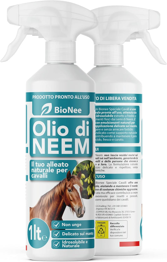 Bionee Olio di Neem Spray Cavalli 1L – Lozione Naturale Pronta all’Uso, Azione Protettiva contro Insetti e Parassiti, Non Unge, Delicato sul Manto, Idrosolubile