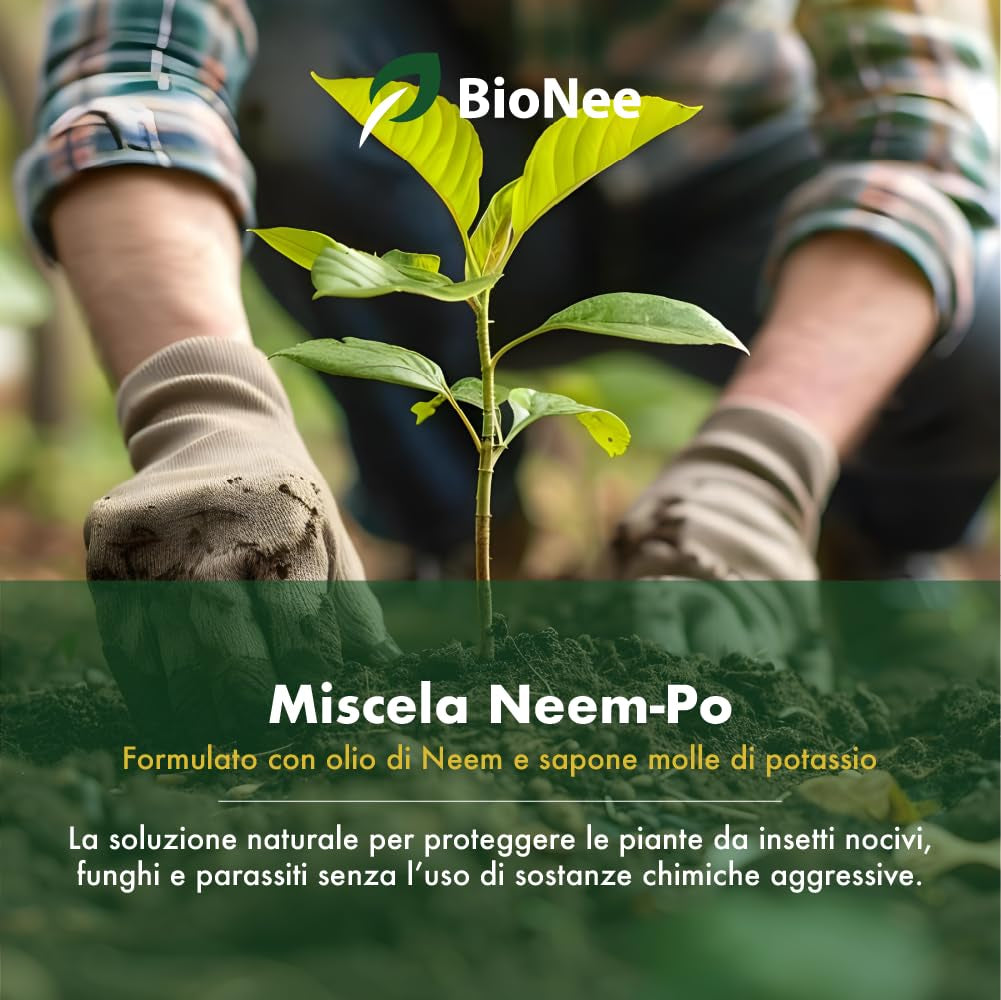 Miscela Neem-Po per Piante Biologico | Olio Di Neem + Sapone Molle Di Potassio Solubile Ottimo Contro Le Avversità Esterne Di Orto, Prato E Giardino 1 Lt