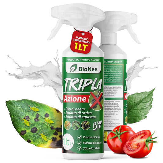 Tripla Azione Spray 1 Lt | Con Olio di Neem, Estratto di Ortica ed Equiseto | Naturale, Pronto all’Uso, Zero Residui | Protezione e Rinforzo per Piante e Orto