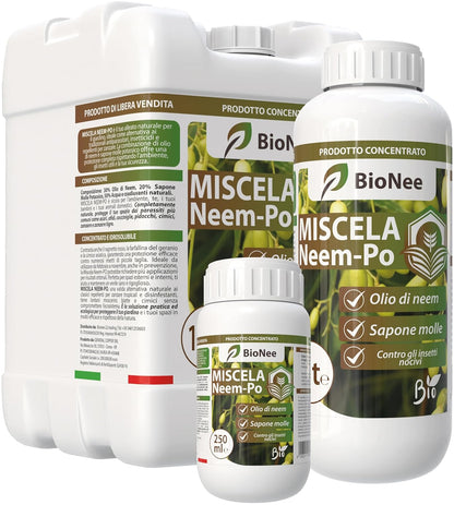Miscela Neem-Po per Piante Biologico | Olio Di Neem + Sapone Molle Di Potassio Solubile Ottimo Contro Le Avversità Esterne Di Orto, Prato E Giardino 1 Lt