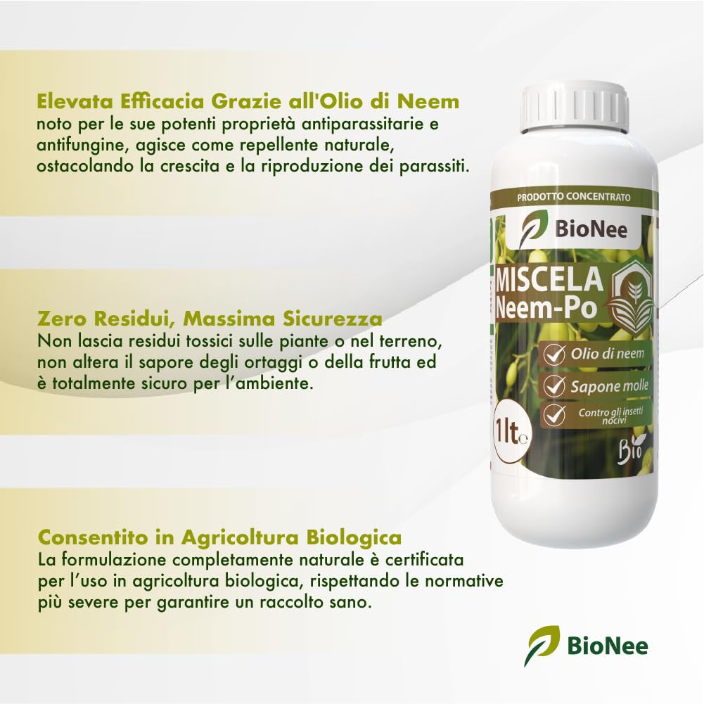 Miscela Neem-Po per Piante Biologico | Olio Di Neem + Sapone Molle Di Potassio Solubile Ottimo Contro Le Avversità Esterne Di Orto, Prato E Giardino 1 Lt