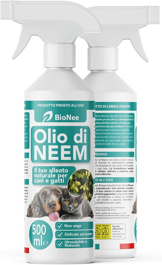 Olio di Neem per Cani e Gatti Spray 500 ml – Idrosolubile, Naturale, Non Unge – Azione Delicata, Effetto Barriera Sgradito a Zecche Pulci Zanzare Insetti