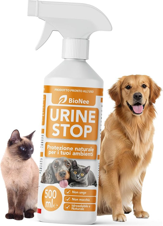 Bionee Urine Stop Spray Naturale per Cani e Gatti 500 ml – Doppia Azione: Disabituante agli Agrumi + Elimina Odori – Pronto all’Uso, Non Macchia, Sicuro per Ambienti Interni ed Esterni